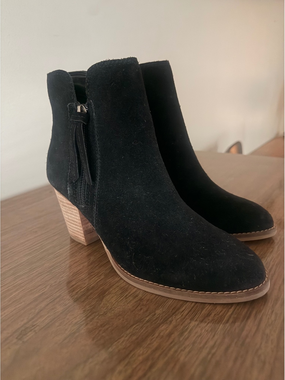 Frye Black Suede Ankle Boots with Wooden Block Heel